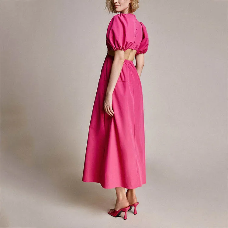 Custom Women Casual Vintage Summer Long Hot Pink O-ring Waist Cut Out Puff Sleeve Maxi Dresses