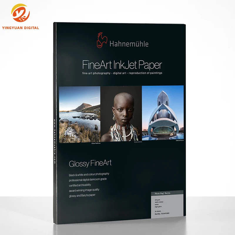 315gsm 100%cotton ISO 9706 conform high-gloss warm no optical brighteners Photo Rag Baryta fine art paper with inkjet coating