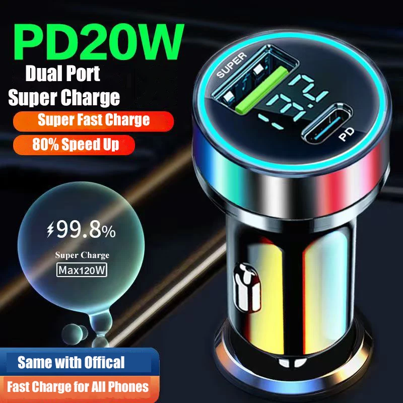 Original 120W Car Charger Adapter Fast Charging PD Usb C 20W Dual Port With Voltage Monitor Trending Products 2022 New Arrivals