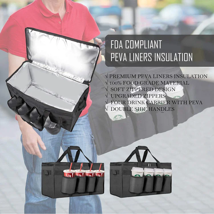 Waterproof Food Pizza Delivery Bag With Cup Holders | Shopping Tote Drink Carriers Backpack For Eats