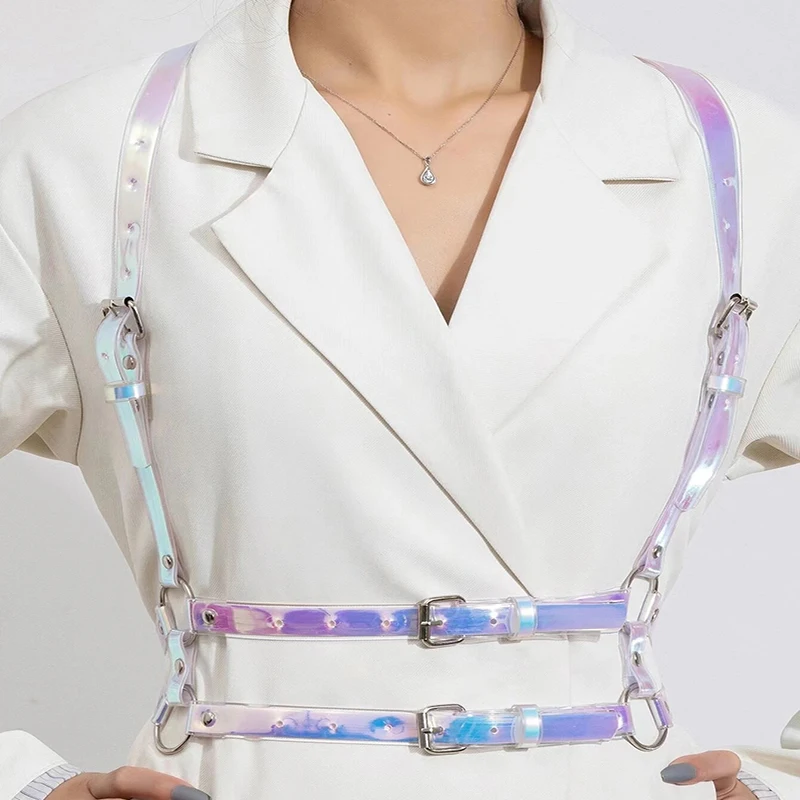 China Shiny Laser Mauve Purple PVC Harness Belt Women Sexy Colorful Body Harness Sculpting Belts