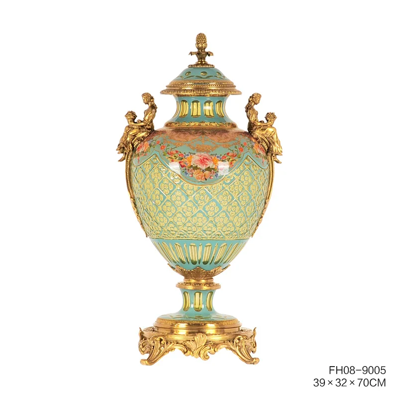 The Green Glass Pieces with Gold Colored Brass with Design Vase for Living Room nice Home Decoration Ornament