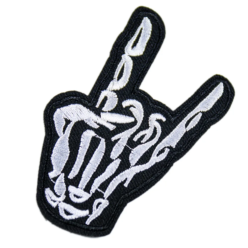 Cool rock and roll Hip-hop gesture Skull iron on patches embroidery badges appliques heat press patches for jackets