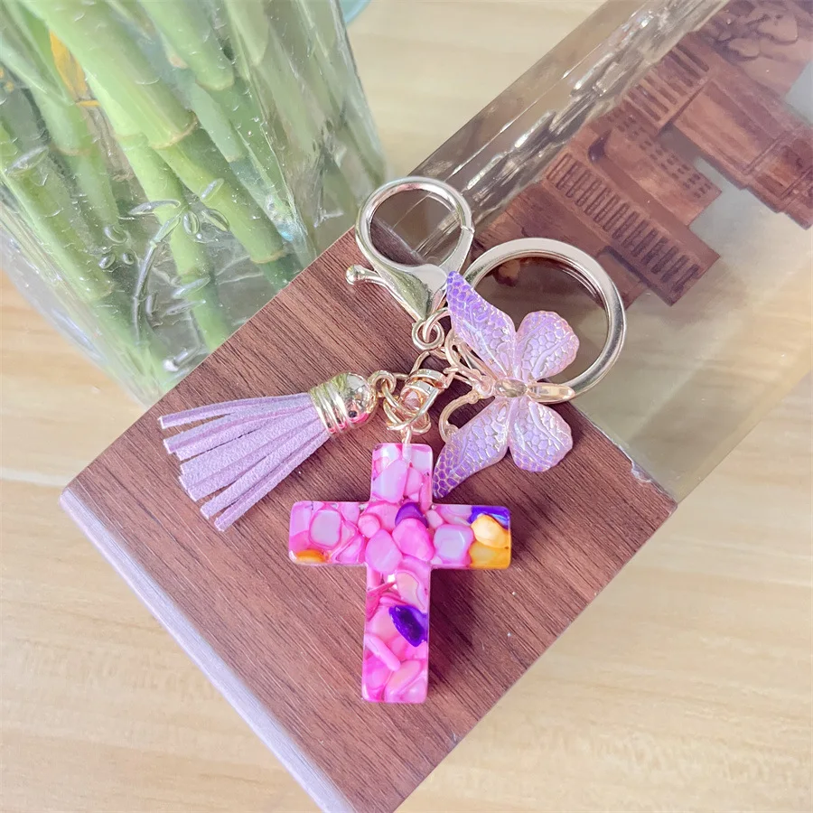 Wholesale Colorful Butterfly Glitter Resin Keychain Tassel Charms Bag Car Pendant Acrylic Butterfly Cross Key Chains