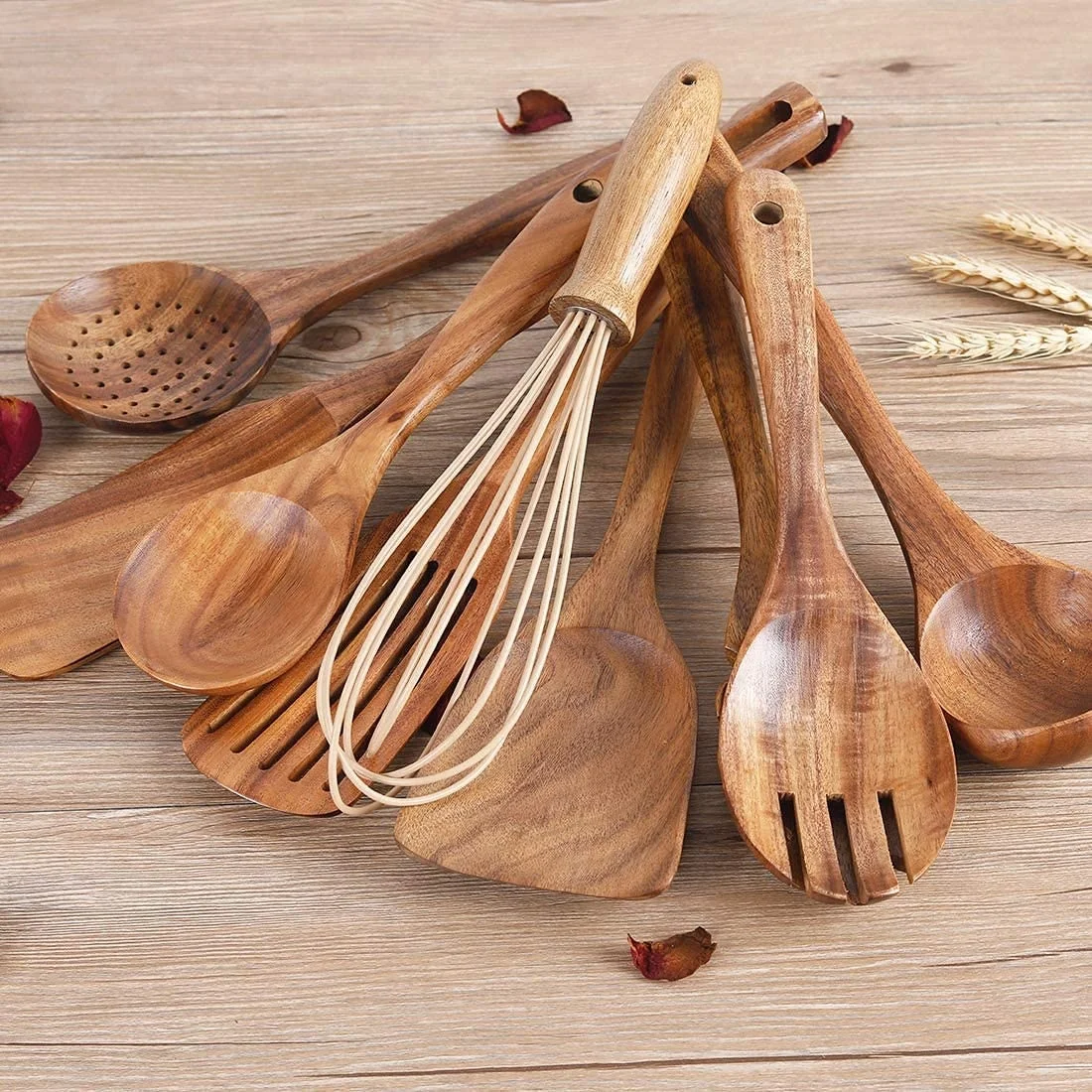 Nonstick Kitchen 8Pcs Wooden Cooking Utensils Set Teak Wooden Spoons For Cooking