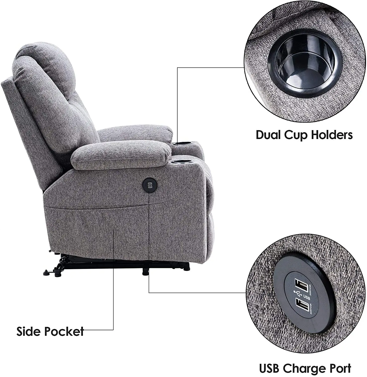Electric Power Lift Recliner Chair Sofa with Massage and Heat for Elderly 2 Side Pockets