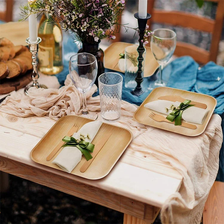 Одноразовые экологически чистые натуральные тарелки из пальмовых листьев, бамбуковые тарелки, биоразлагаемые деревянные тарелки 6 дюймов, 8 дюймов, 10 дюймов квадратной формы