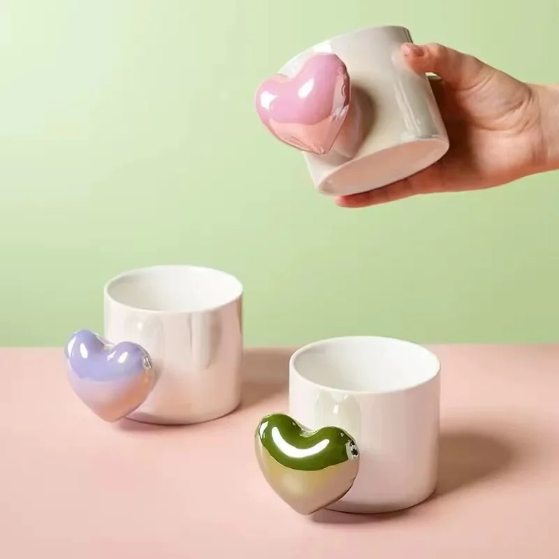 ins pearl glaze three-dimensional love handle ceramic mug girl heart afternoon tea milk coffee cup