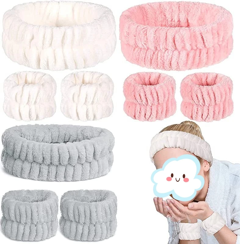 Solid color plush hair band for women face makeup headband wrist strap simple monochrome headband set