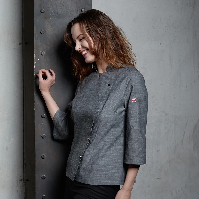 CHECKEDOUT gray half sleeve poly cotton female baker chef jacket uniform for ladies