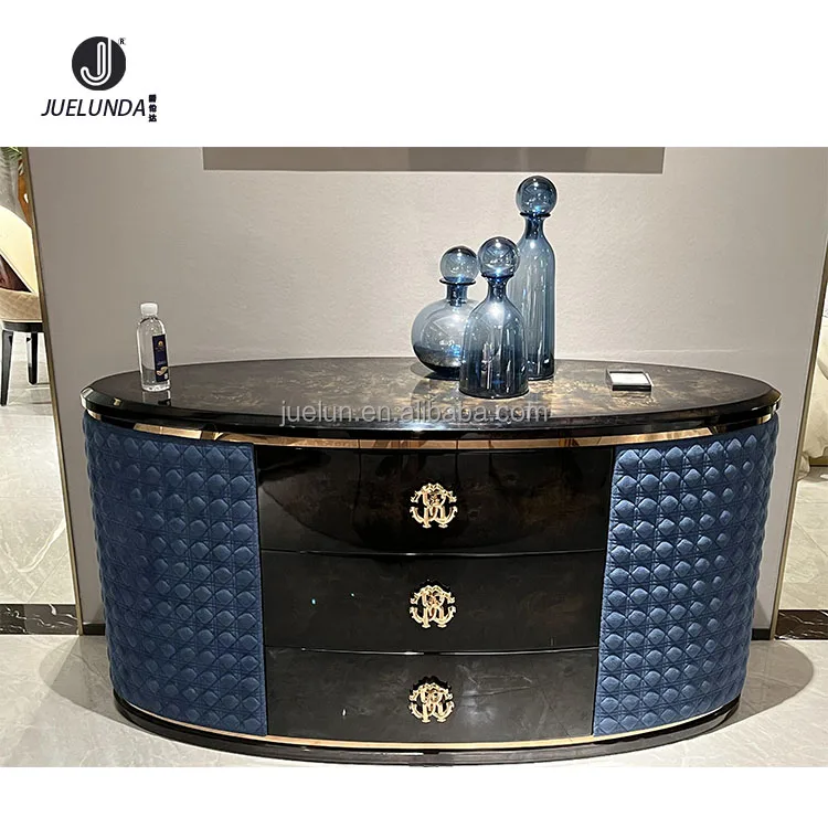 Modern Drawer Unit Upholstered Storage Chest High Glossy Wooden Veneer Side Board Blue Hotel Buffet Table