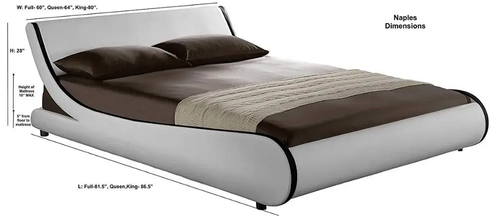 Modern Contemporary Wave Like Curve Upholstered Platform Bed Low Profile Naples faux leather bed frame