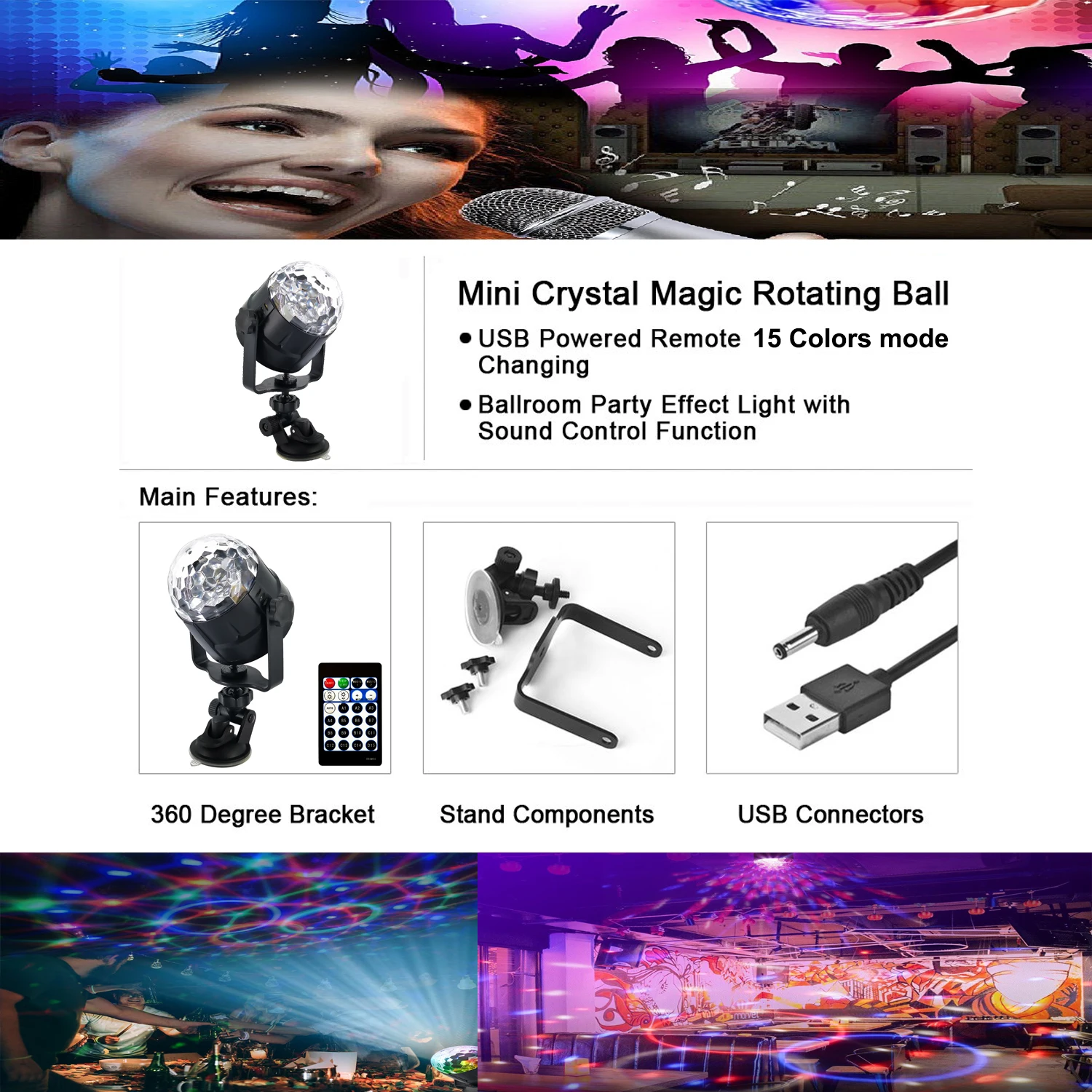 Hot Top Selling Party Light 15 Colors Usb Sound Activated Controlled Rotating Disco Ball Lights