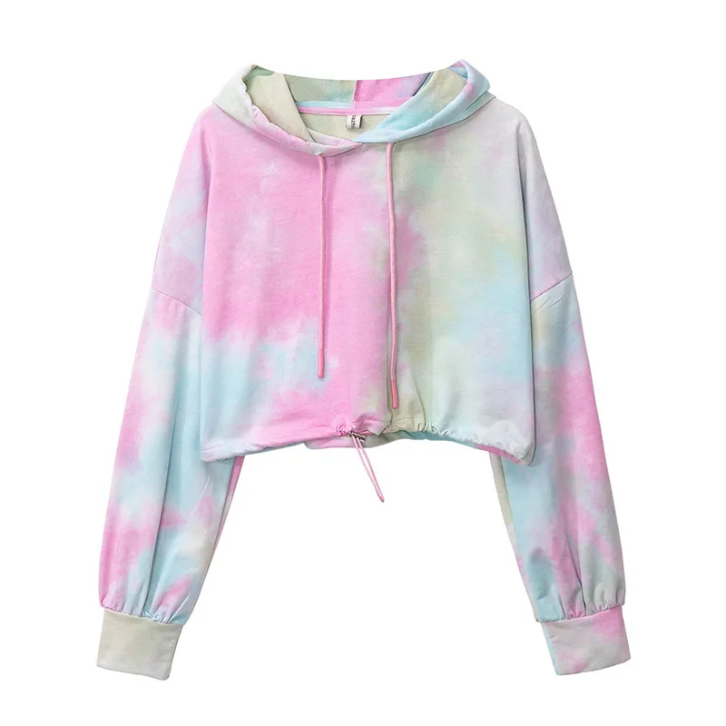 Women clothing cheap high quality 100 cotton tie dye crop top hoodie sport thin hoody