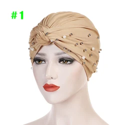 2020 Muslim Hijab Women Arab Pearls Head Scarf Plain Color Indian Cotton Cap
