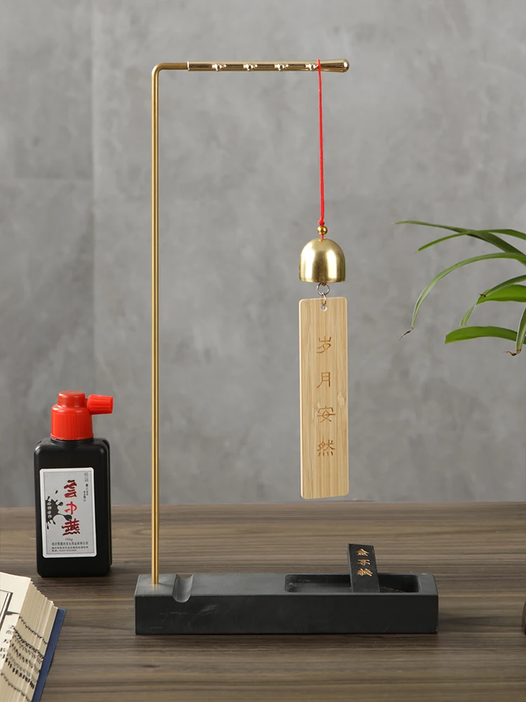 Brass Chinese Calligraphy Brush Pen Holder with 8 Needles & Ink Stone Base Desk Organizer Ink Hanger