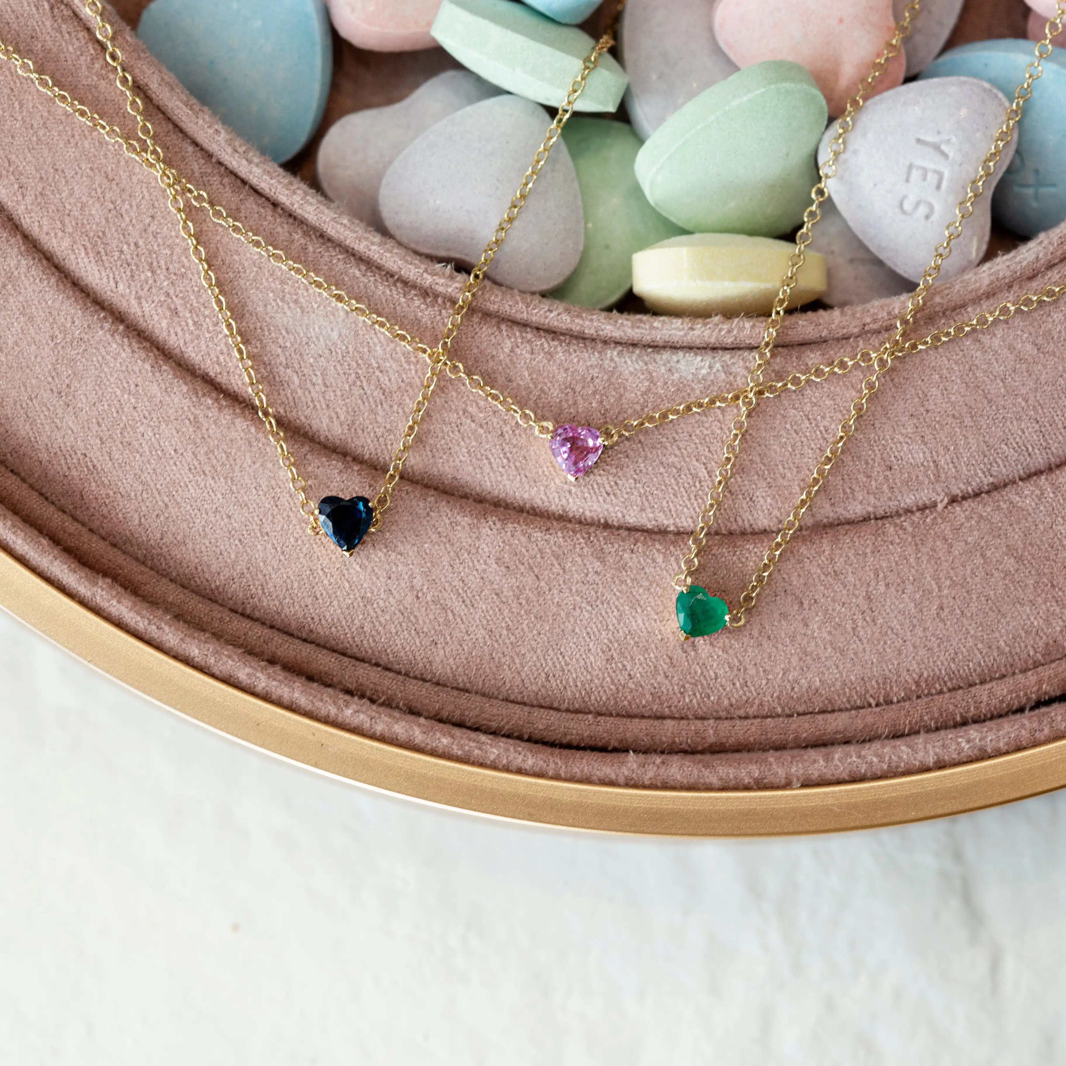 Slovehoony Emerald Heart 18k Gold Fine Jewelry Necklace Pink Sapphire Bezel Heart Necklaces For Women