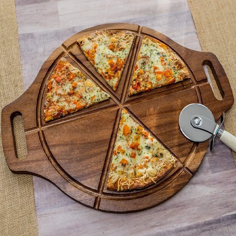 Custom Acacia Wood Pizza Peel Round Cutting Board Serving Platter Cheese Paddle Board Serving Pan for Pizza with Double Handles