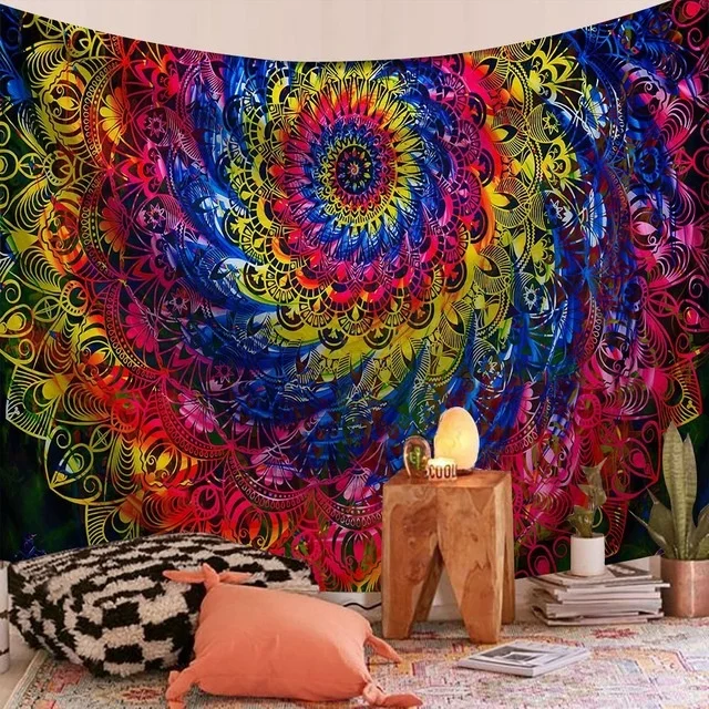 Customized 2021 hot sale Factory decorative Digital Printed hippie bohemian trippy large mandala tapestry wall hanging