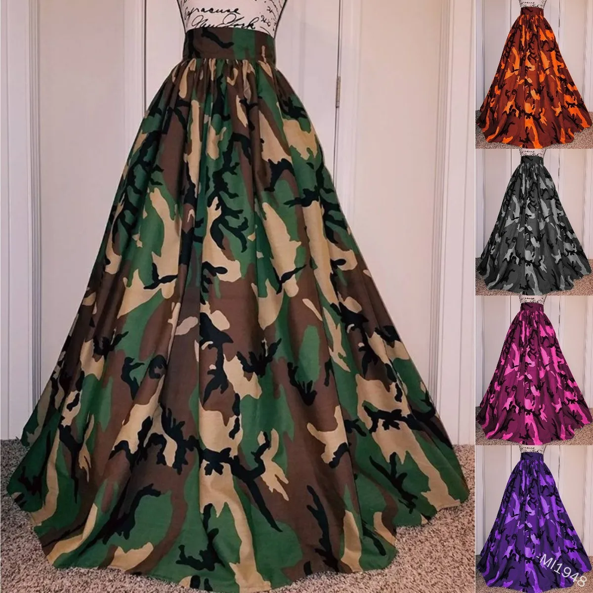 
Camouflage Floor-Length Skirts Women 2020 Printed A Line Skirts Girls High Waist Long Skirts 