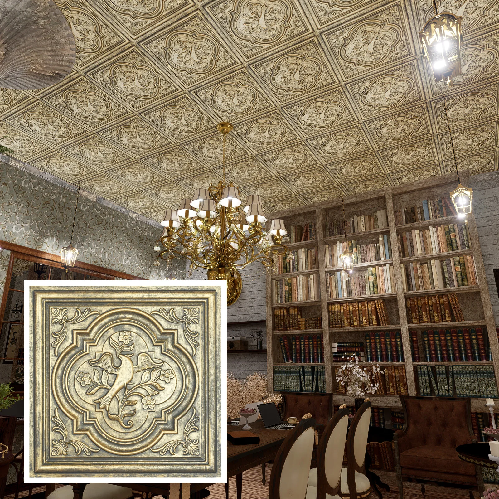 Faux painted distressed Art ceiling tiles Decorative tin wall tile Easy Drop-In Installation PL39 Ancient gold