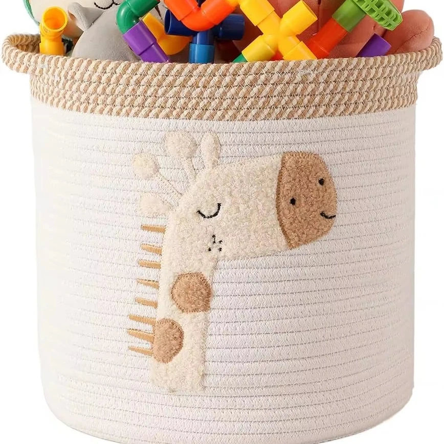 Amaz0n High Quality Giraffe Embroidery Storage Household Basket Storage Basket Can Be Folded Woven Cotton Rope Storage Baskets