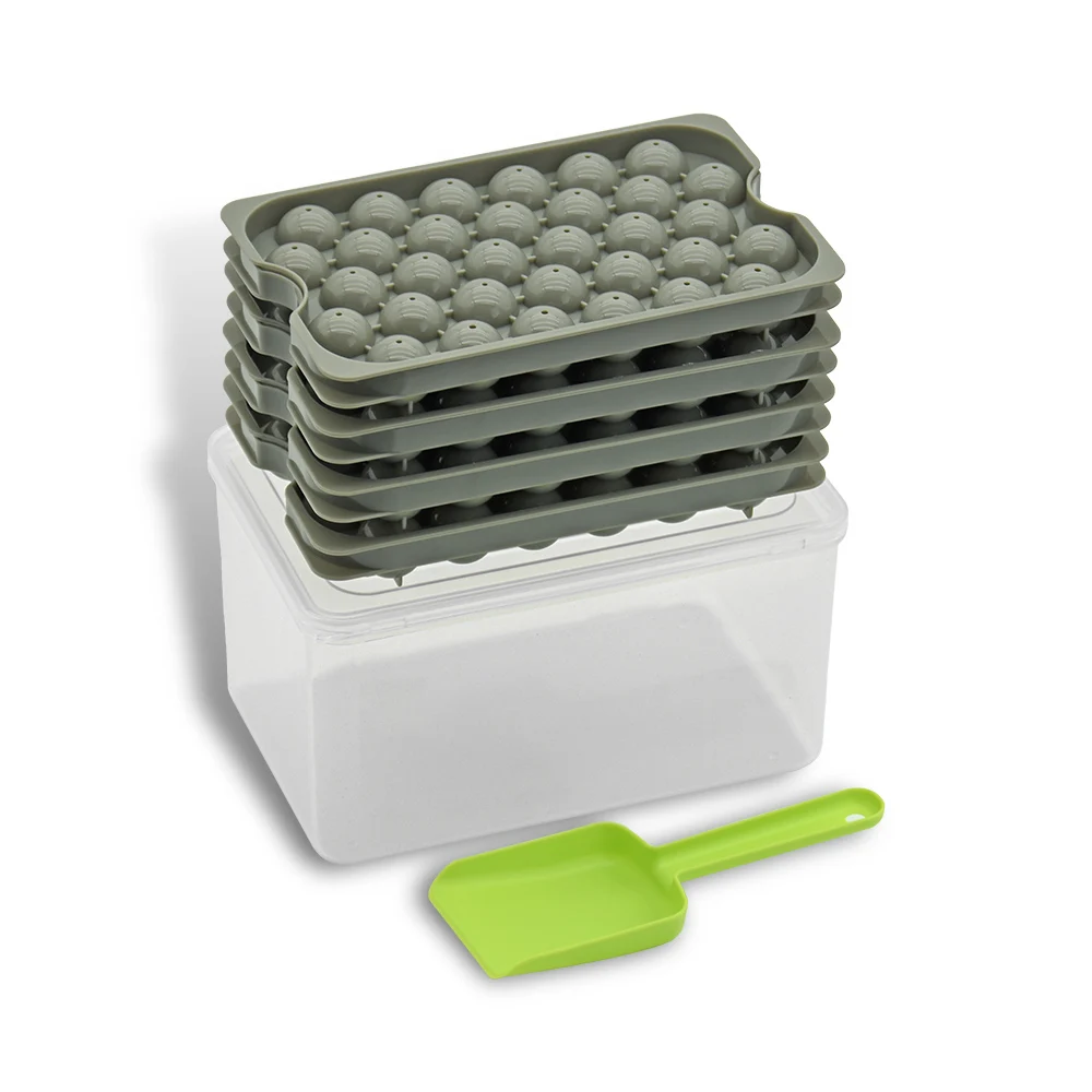 New Design 4 Pack  Plastic Mini Round Ice Cube Tray Easy Release Ice Ball Maker Mold with Bin and Scoop for Freezer