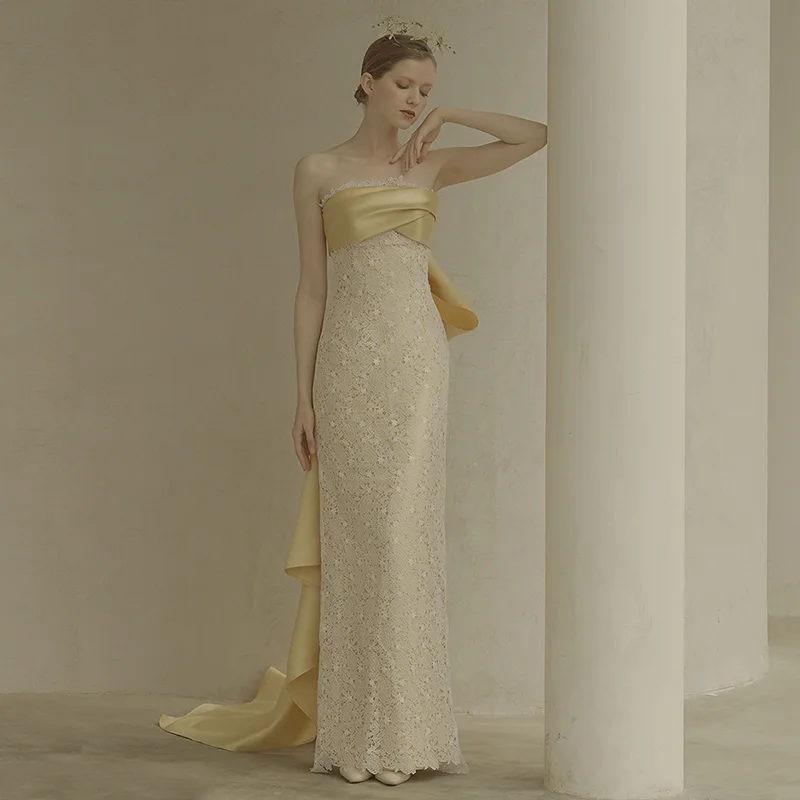 QUEENS GOWN Candy yellow off-shoulder high quality embroidery lace puff sleeve bow ribbon simple elegant princess prom