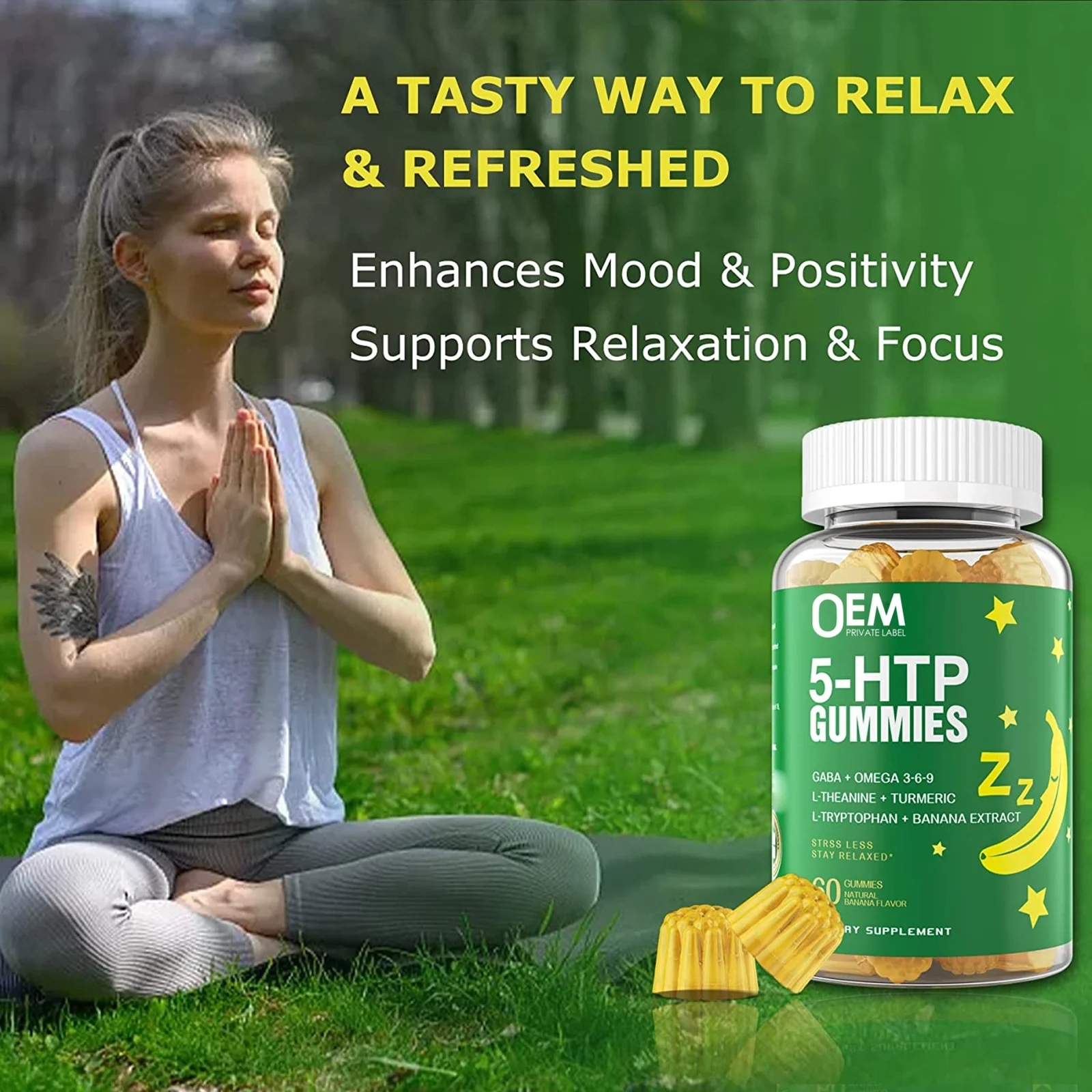 5-HTP Gummies Melatonin Free Gummies 900mg Complex for Health Rest Cycle with GABA, L-Theanine, L-Tryptophan, Omega369, Turmeric