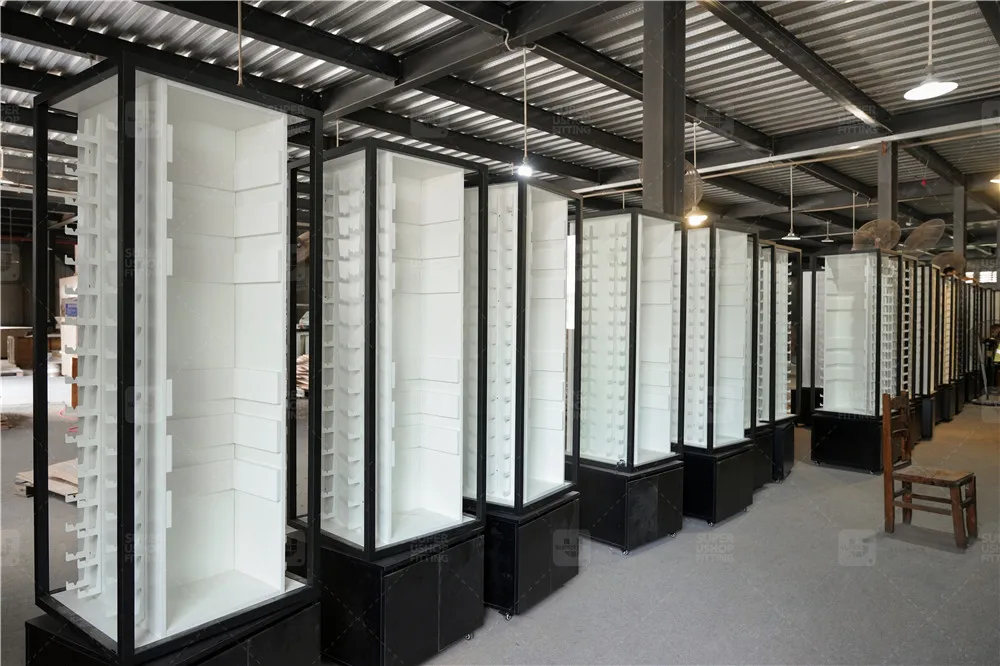 Customized Lockable Glass Door Kitchenware Store Display Cabinet Design Rotating Wooden Knife Shop Display Showcase