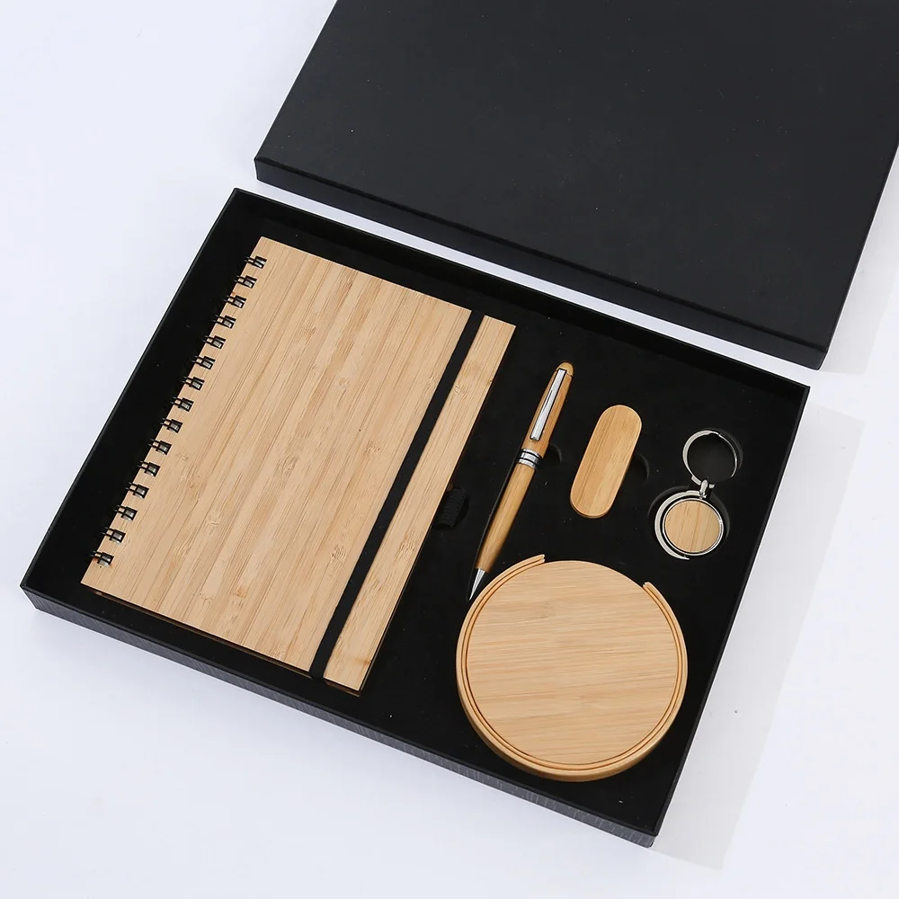 Eco Friendly Corporate Bamboo Gift Box Luxury Set A5 Notebook Pen USB Card holder Key Chain Flask Custom Logo Business Gift Set