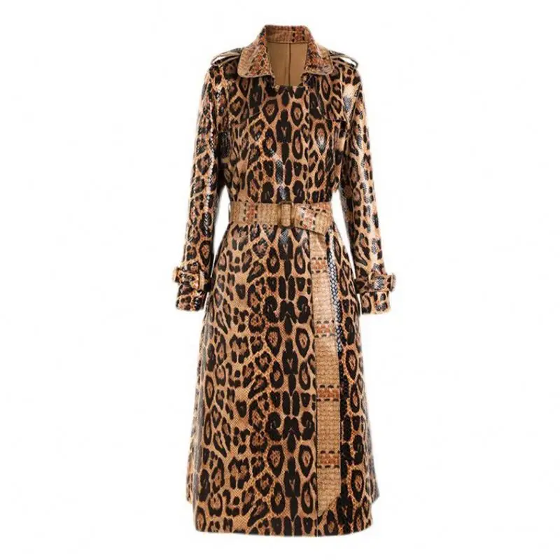 2022 Autumn and Winter Snakeskin Leopard Print Long Windbreaker Goddess Long-sleeved Leather Coat Jacket