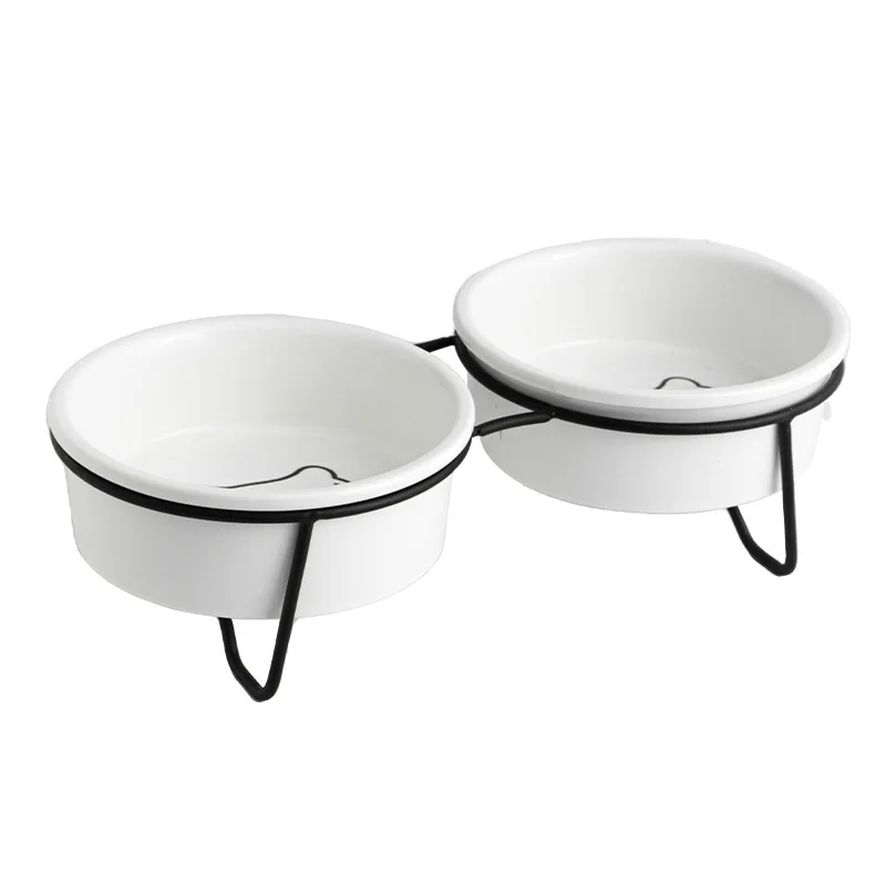 Supplier price cheap double water food double elevated cat bowl ceramic pet bowls feeders with metal stand