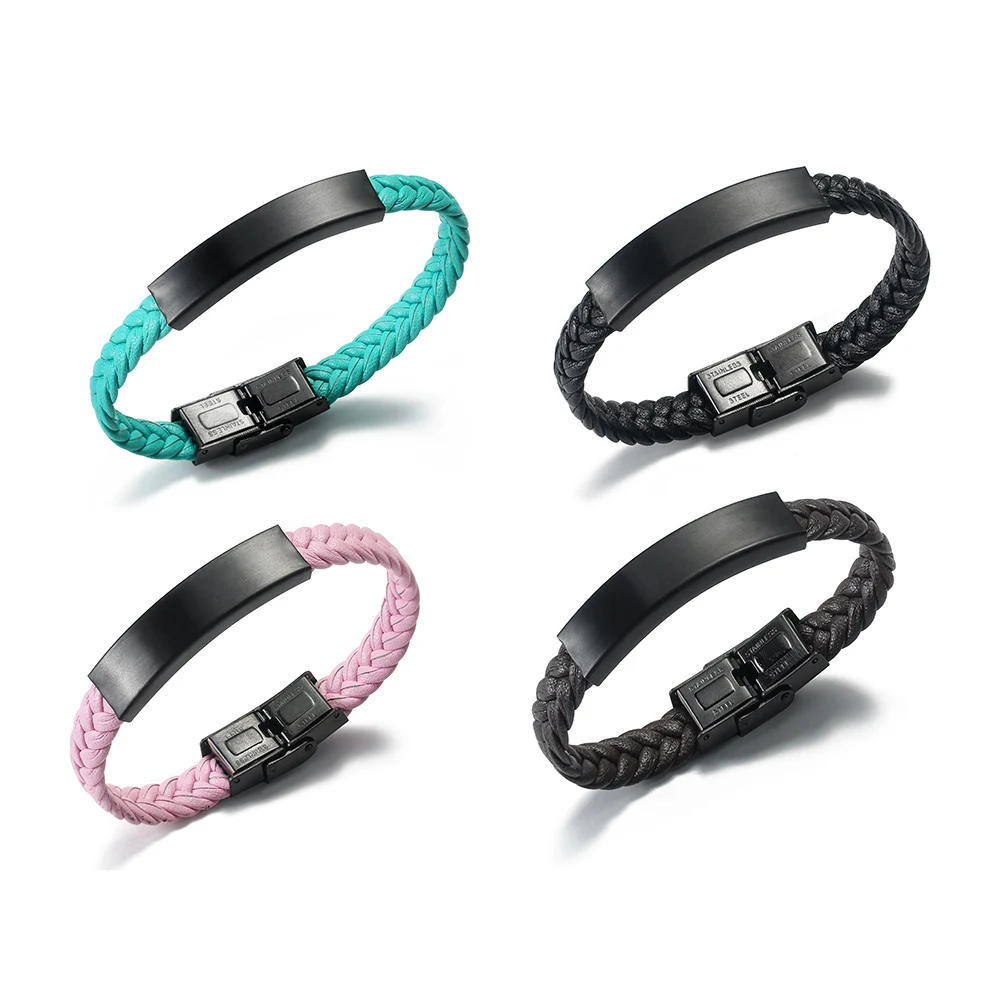 Мужской плетеный кожаный браслет из нержавеющей стали с гладкой поверхностью, женские браслеты с гравировкой имени на заказ