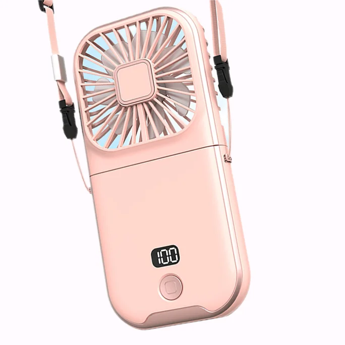 4 Speed Rechargeable Neck Fan Portable LED Display Neck Fan With Lanyard Foldable 3000Mah Power Bank Fan