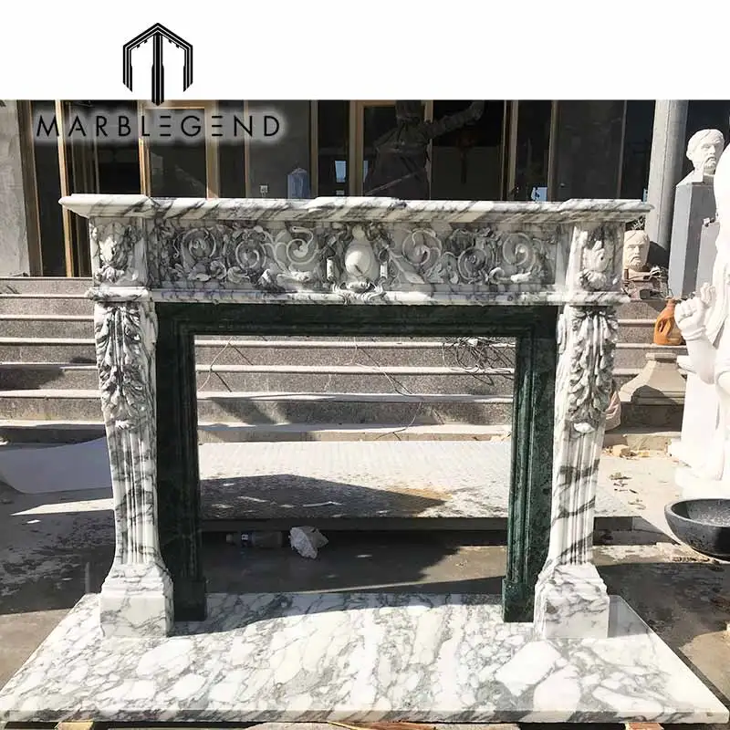 Home Indoor Decor Stone Carving Arabescato White Marble Fireplace Mantel
