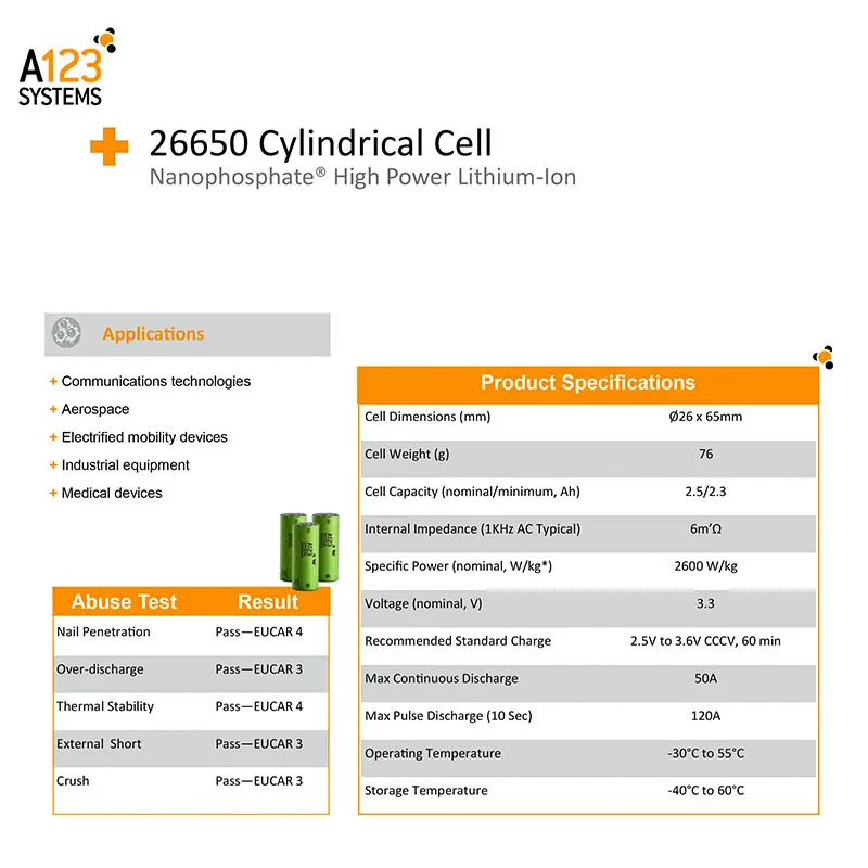 20C высокий разряд 3 2 в 2500 мАч Lifepo4 A123 системы Nanophosphate ANR26650 26650 LFP литий-ионные фосфатные аккумуляторные батареи