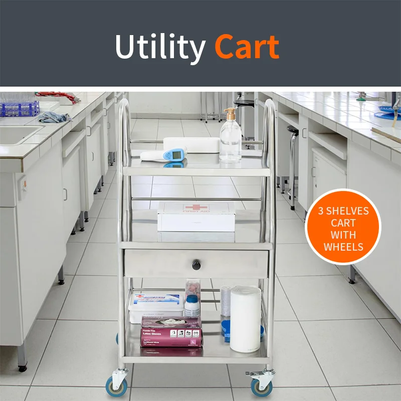 Wholesale Medical Trolley Nurse Rolling Medical and Lab Cart With 3 Shelves & Drawer Commodity Shelf