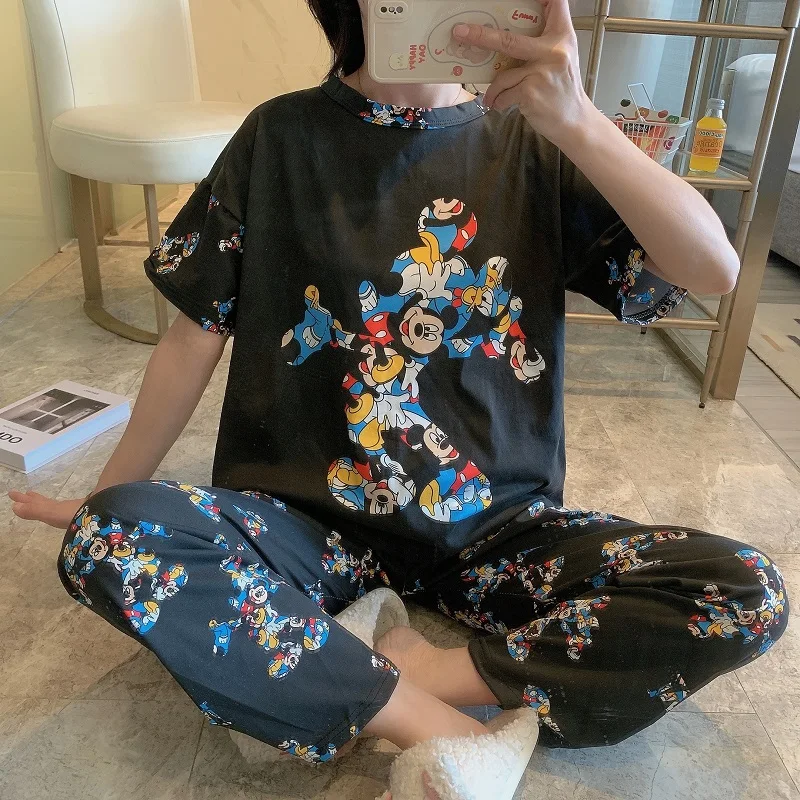 Wholesale cartoons printed short sleeves pajamas milk silk two piece set sleepwear Korean cute casual night wear for lady