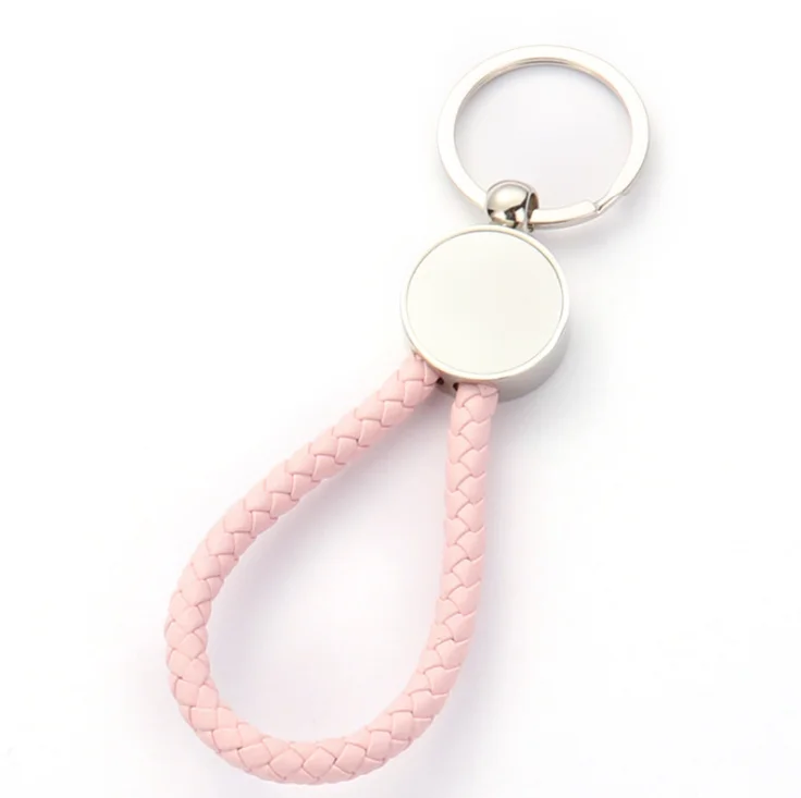 Yinsa SK034 Pink Round shape Key Ring key holder Sublimation Metal Blank Double- sided Leather Braided Rope Keychains