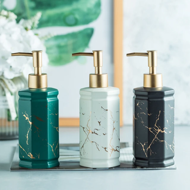 OEM Ceramic Bathroom Liquid Hand Soap Dispenser Hexagonal Marbled 350ML Reusable Soap Dispenser