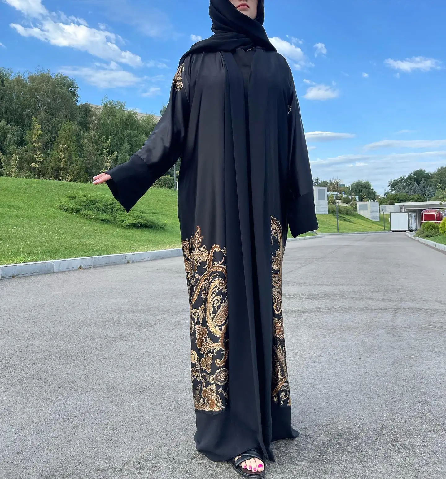 Aschulman Summer Hot Selling Modest Designs Custom Muslim Satin Abaya Open Black Dubai