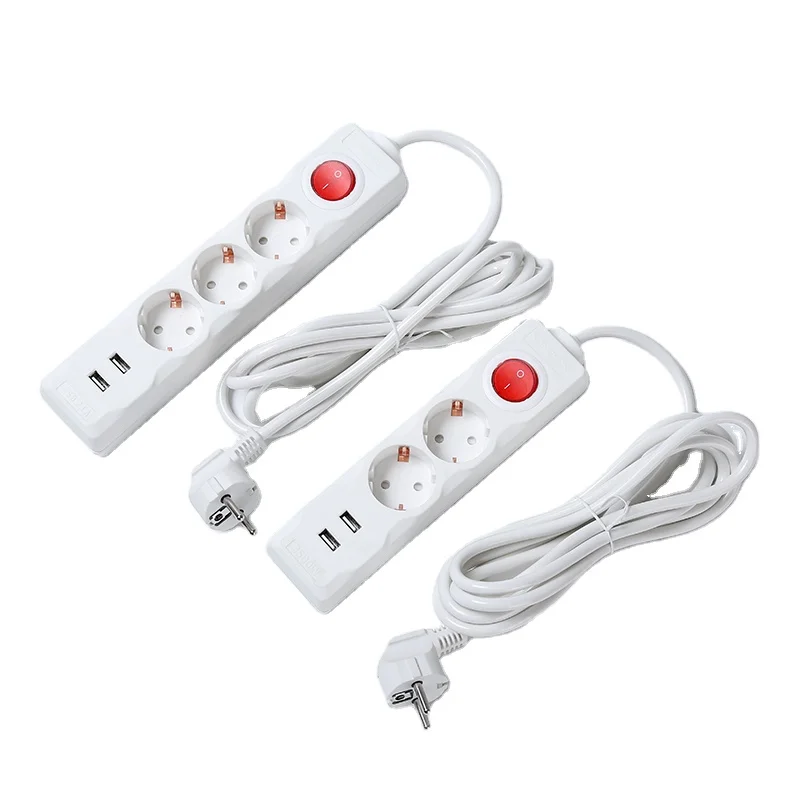 German Standard Multi Plug 3 Gang Extension Plug-in Socket Adapter With Usb 2m 3m 5m Electric Cable