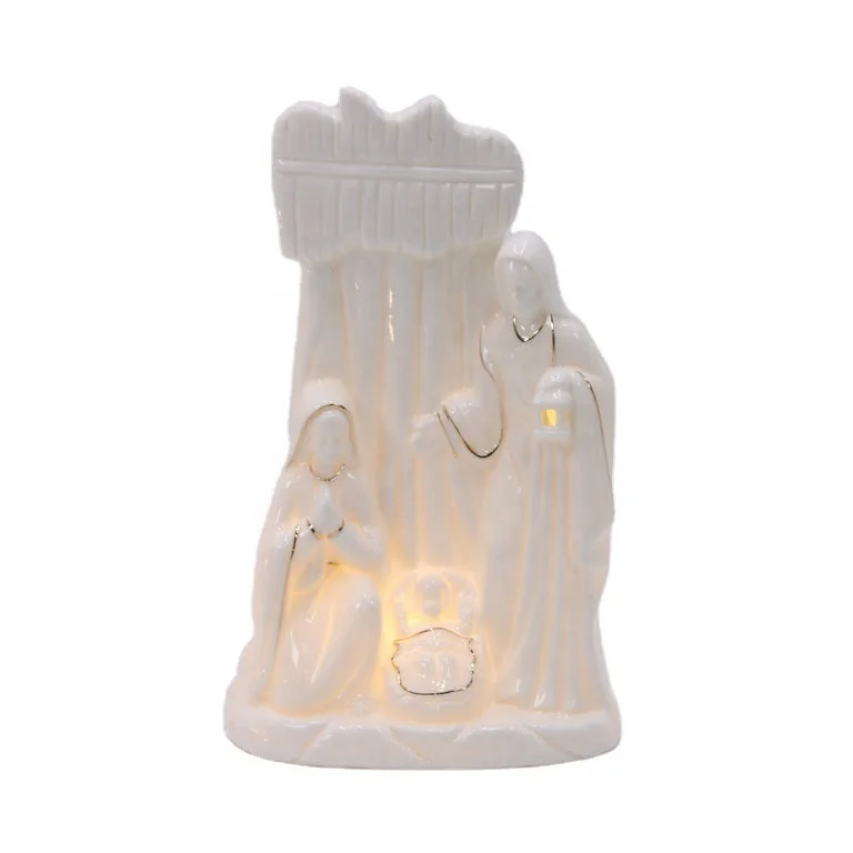 High quality Ceramic nativity of Jesus family crafts with LED light decorated statue