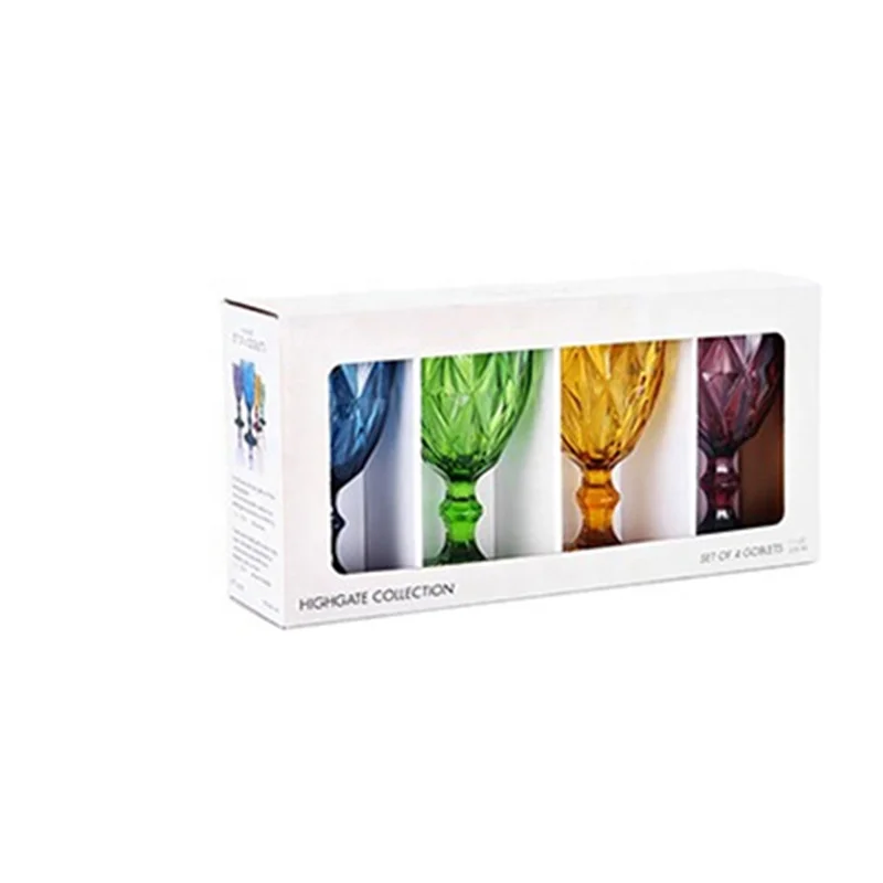 4pcs Colorful Embossed Goblet Glass Retro Red Wine Cup Household Heat-resistant Thickened Goblet European Mug For Pub