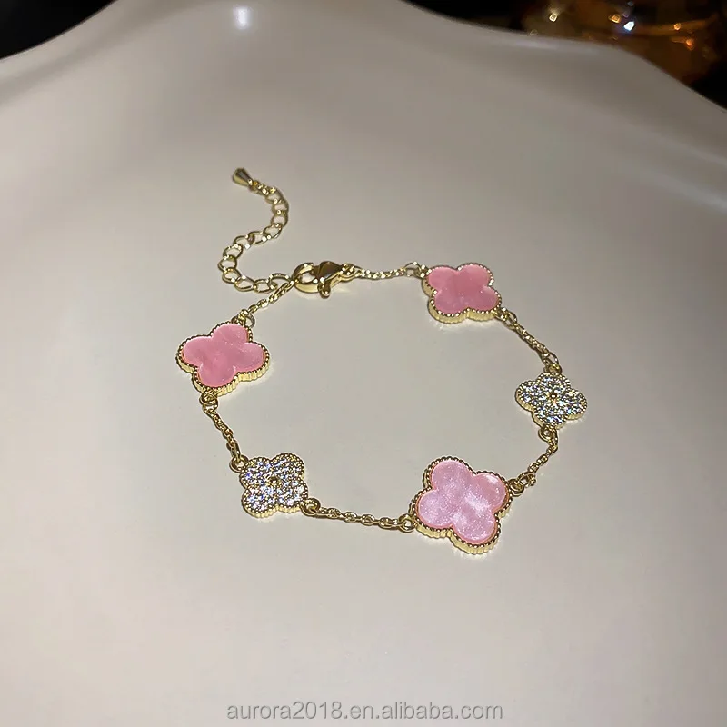 Latest Fashion Women Jewelry  White Clover Pink Flower Designs Lucky Bracelet For Girls