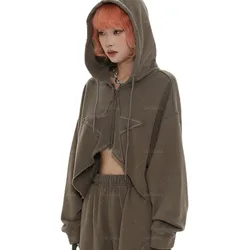 2022 Y2K Outfit Hippie Korean Style Clothes Women Crop Star Top Zip Up Hoodie Short Pullover Zipper Patchwork Hooded Sweatshirts