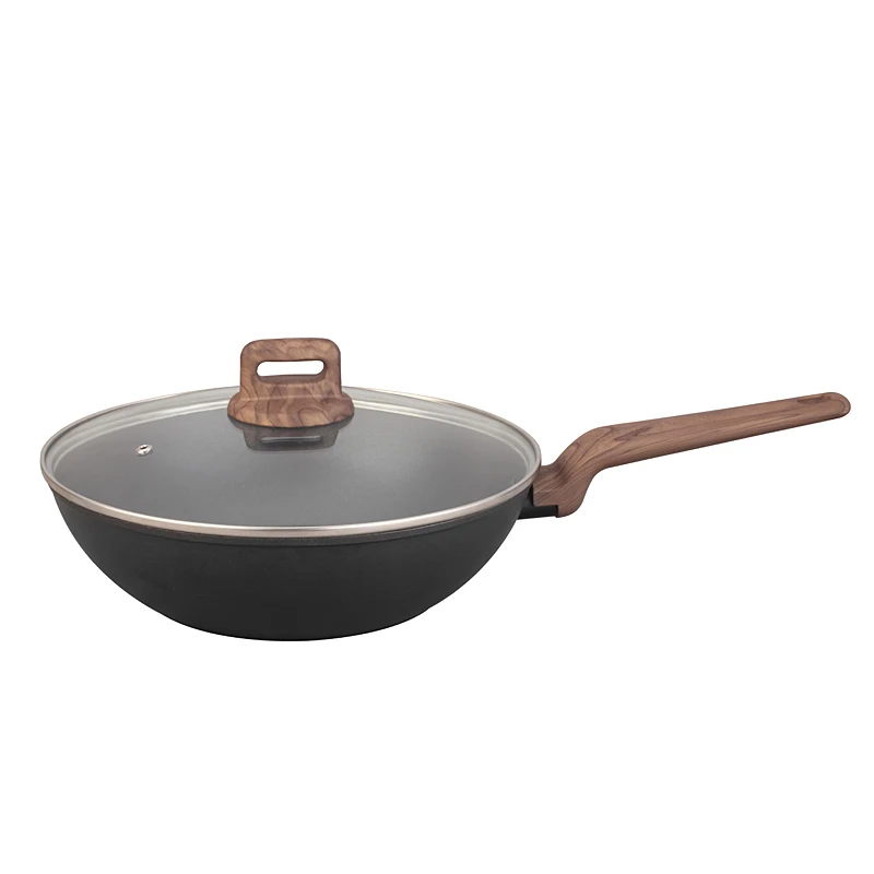 Wooden Handle Design Stone Marble Coating Good Quality Nonstick Coating Aluminum Cookware Round Pizza Grill Pan