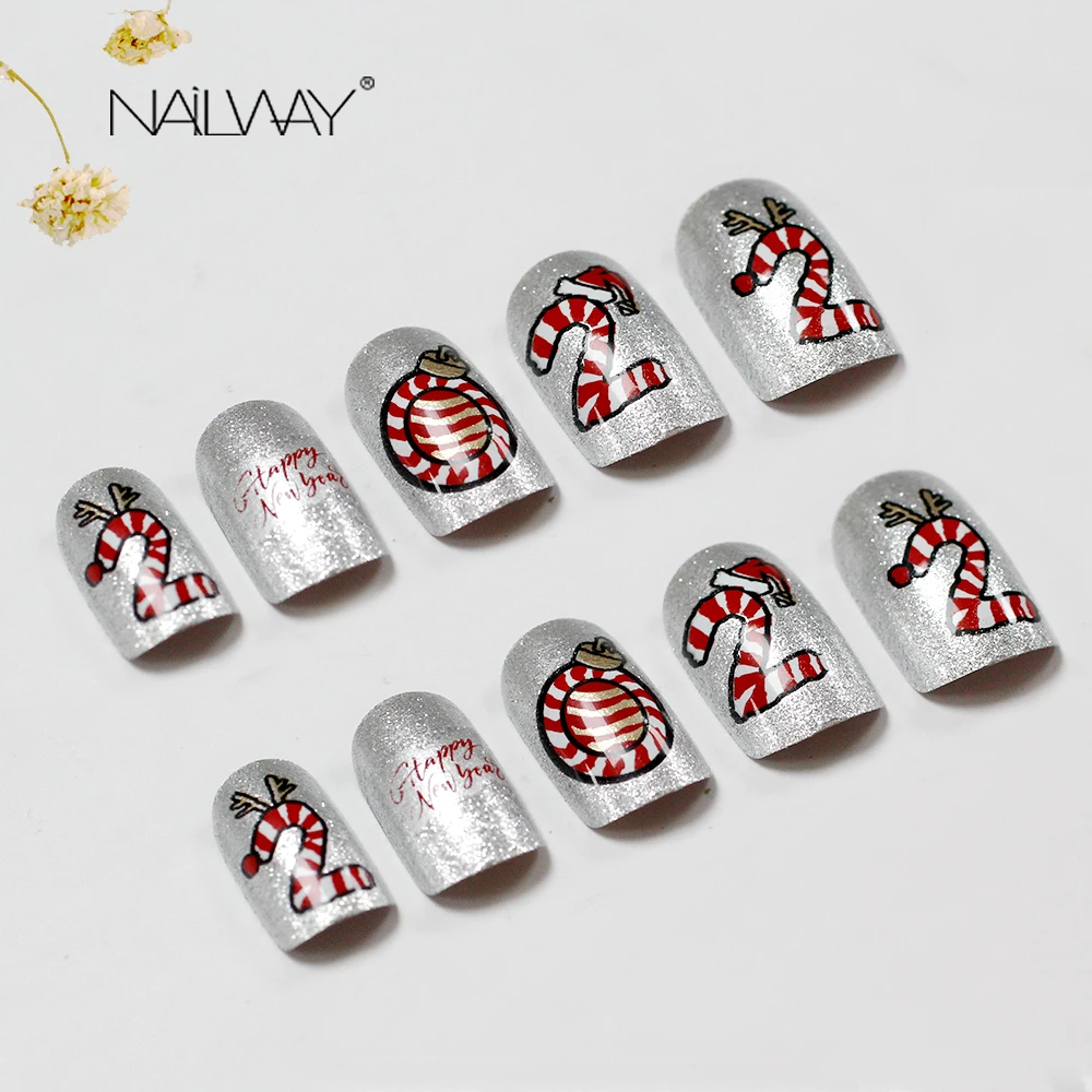 Christmas Press On Nails Wholesale Metallic Acrylic Nails Uas Postizas Medium Length Square Artificial Nails For New Year