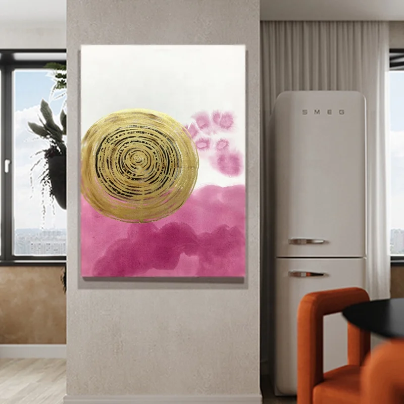 Abstract Oil Painting Canvas Wal Custom Handmade Wood Frame Abstract Wall Art Pink and Gold Foil Pictures Hand Painted Oil Painting Living Room Canvas